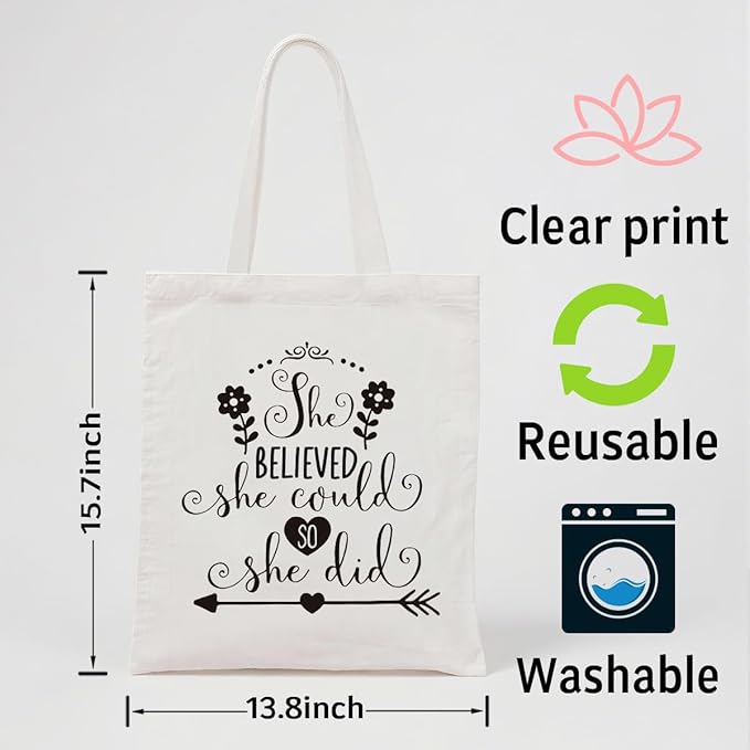 Canvas Tote Bag for Women, She Believed She Could so She did Shoulder Tote Bags, Inspirational Canvas Totes to Work Traveling, Christmas Gifts to Women Friends, Holiday Gift Bags for Wrap Storage