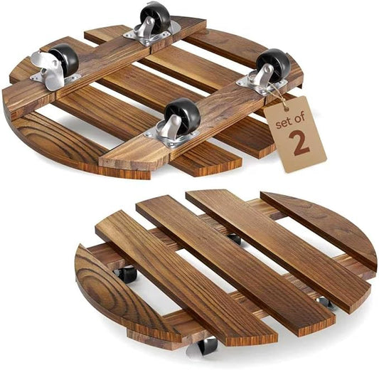 2 Pack Plant Stand Indoor and Outdoor, 12IN Premium Wooden Plant Caddy with Wheels, Heavy Duty Plant Stands with 360° Lockable Wheels, Classic Plant Cart