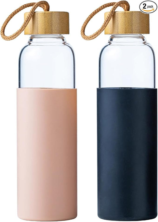 21oz Glass Water Bottle with Silicone Sleeve & Bamboo Lid, BPA Free Reusable Water Bottle Glass for Gym Office Travel, Gift for Fitness Enthusiasts (Pink+Black)