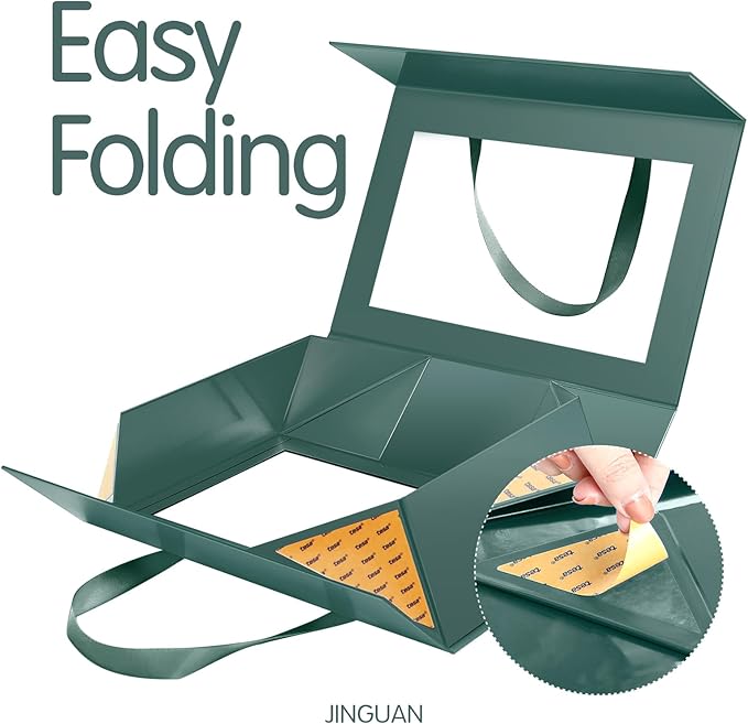 Large Green Clear Gift Box, 13.5x9x4.1 Inches Gift Box with Window by Handle, Bridesmaid Proposal Box, Collapsible Gift Box with Magnetic Closure (Glossy Green, 1 Pack)