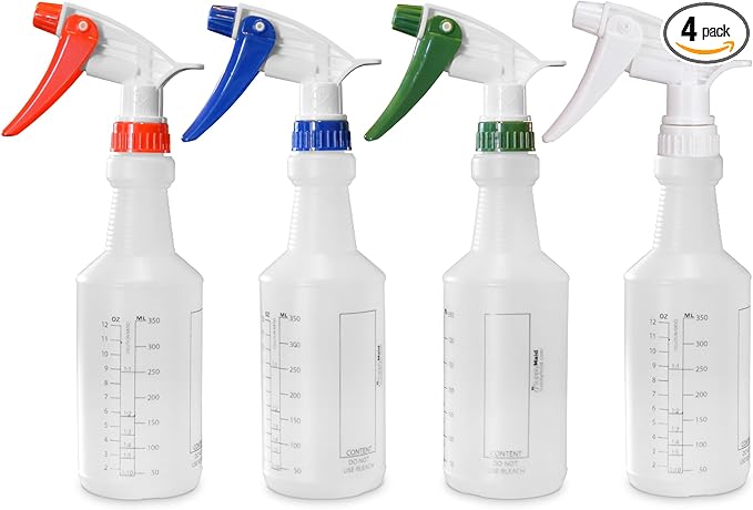Commercial-Grade 16 oz Spray Bottles with Dilution Ratios, Ounces & Milliliters, Made in USA, Great for Cleaning, Essential Oils, Hair, Plants, BBQ (4-Pack)