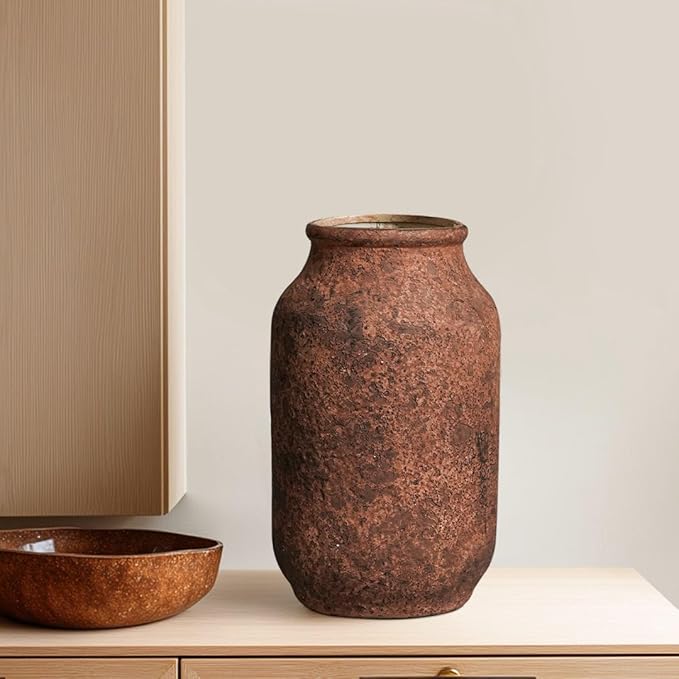 Rustic Terracotta Vase, Farmhouse Ceramic Vase, Decorative Clay Vintage Vases for Home Decor, Living Room,Table, Shelf Decor, 9 inch, Brown