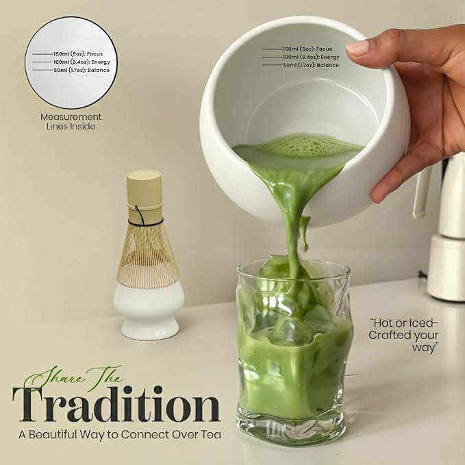 NEXTLUXE Matcha Whisk Set – Traditional Bamboo Chasen with Ceramic Bowl, Matcha Bowl and Whisk Kit - Measurement Lines, Spoon & Lid – White
