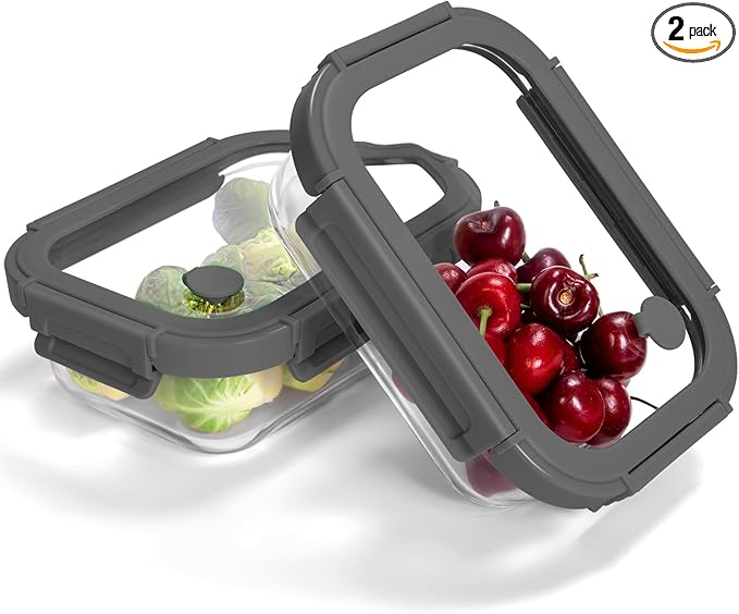 2-Pack Glass Food Storage Containers with Tempered Lids (630ml/2.7cup) - Airtight Snap Lock, Microwave & Oven Safe (-4℉~ 950°F), Freezer to Baking Dish, BPA-Free, Gift Box (Gray)