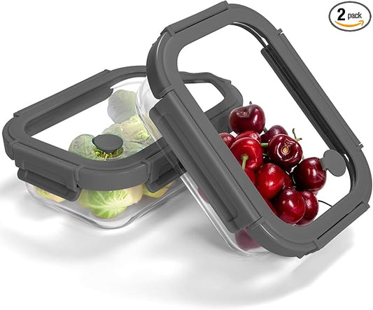 2-Pack Glass Food Storage Containers with Tempered Lids (630ml/2.7cup) - Airtight Snap Lock, Microwave & Oven Safe (-4℉~ 950°F), Freezer to Baking Dish, BPA-Free, Gift Box (Gray)
