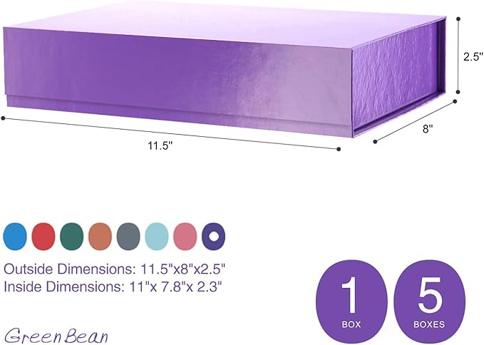 GREEN BEAN Gift Box 11x7.8x2.3 Inches, Purple Gift Box with Lid for Presents, Magnetic Shirt Gift Boxes for Clothes (Glossy Metallic Purple, Polka Dot Design Inside)