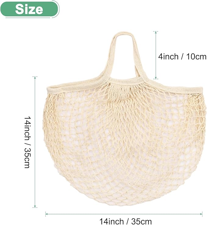 1-Pack Cotton Mesh Bag, Reusable Washable Mesh Net String Grocery Bags, Reusable Produce Bags with Handle, Net Tote Bag for Fruits/Vegetables Shopping [Cream, Short Handle]