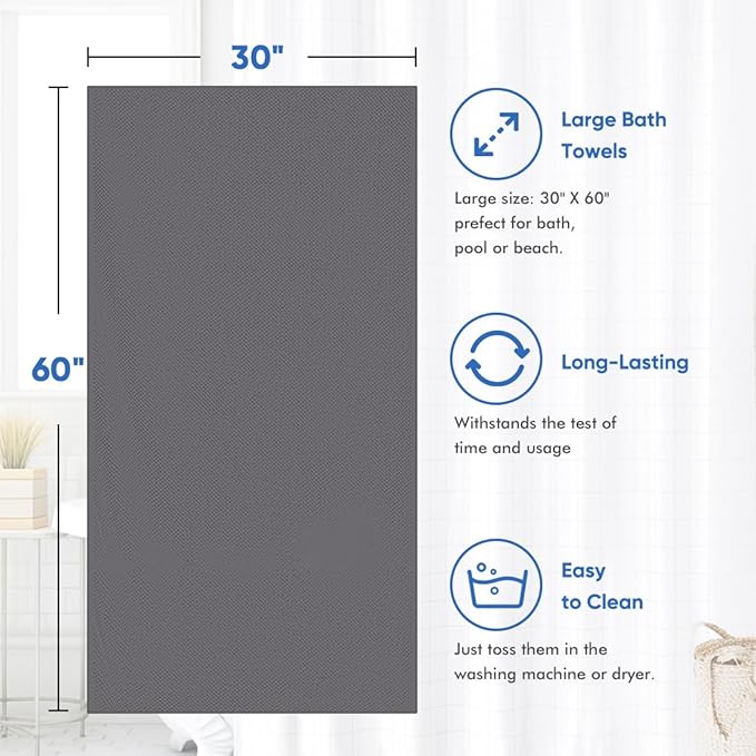 HOMEXCEL Bath Towel Set Pack of 4, 30 x 60 Inches Large Microfiber Bath Towels, Soft, Absorbent, and Quick Dry Towels for Bathroom, Pool, Beach, Swim, and Yoga, Large Bathroom Towels, Grey