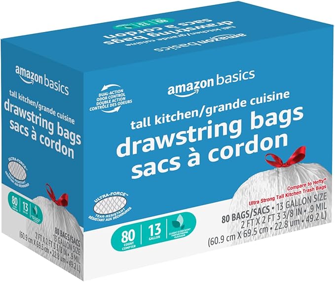 Amazon Basics Ultra-Force Tall Kitchen Drawstring Trash Bags, Classic Clean Scented, 13 Gallon, 80 Count, Pack of 1