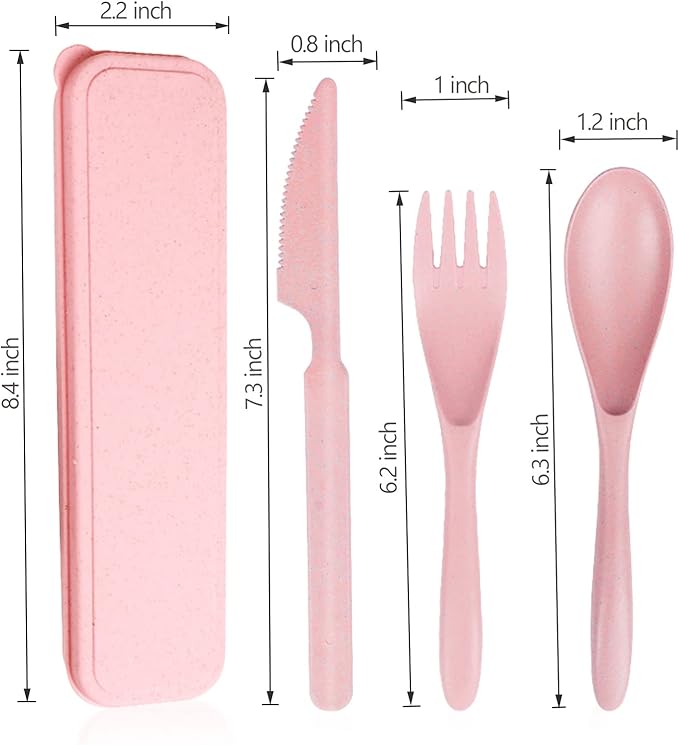 Reusable Travel Utensils Set with Case, Pink Wheat Straw Portable Knife Fork Spoons Tableware, Eco-Friendly BPA Free Cutlery for Kids and Adults as Travel Picnic Camping Utensils