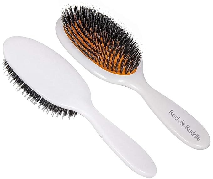 Rock & Ruddle Natural Mixed Boar Bristle Hair Brush for Women and Kids (Large, 21 cm) - Perfect for Wet or Dry Hair, Detangling Smoothing Blowdrying - Designed & Made in UK - White Shimmer Design