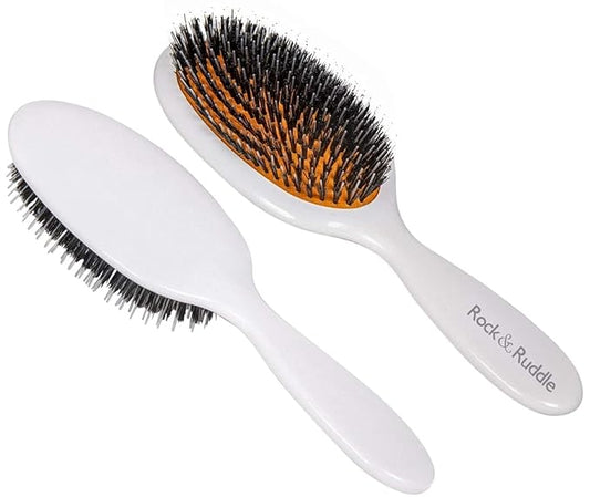 Rock & Ruddle Natural Mixed Boar Bristle Hair Brush for Women and Kids (Large, 21 cm) - Perfect for Wet or Dry Hair, Detangling Smoothing Blowdrying - Designed & Made in UK - White Shimmer Design