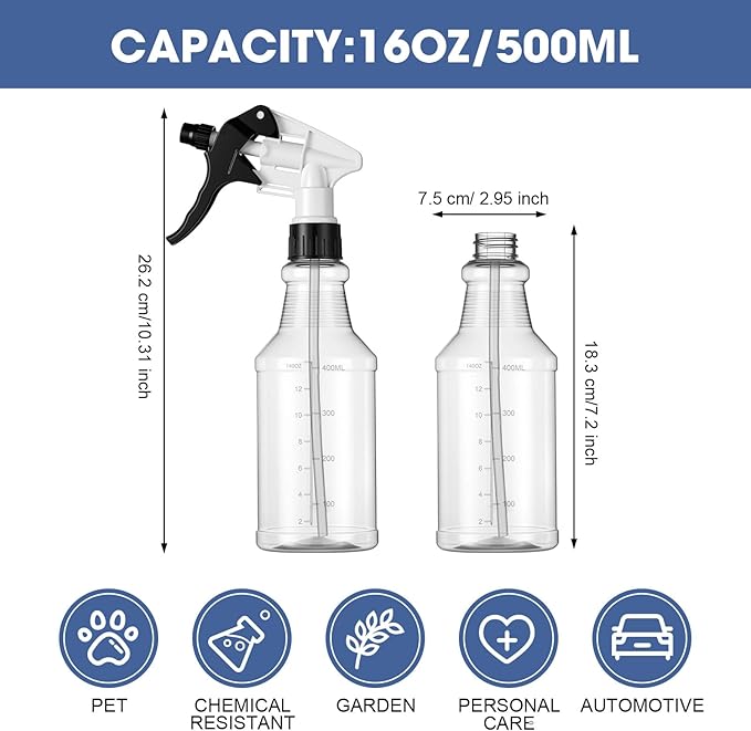 Eccliy 20 Pack 16oz Empty Spray Bottles, Leakproof Cleaning Bottles with Measurement and Adjustable Nozzle for Housekeeping, Commercial Use(Clear Cylinder,Black White Spray Head)