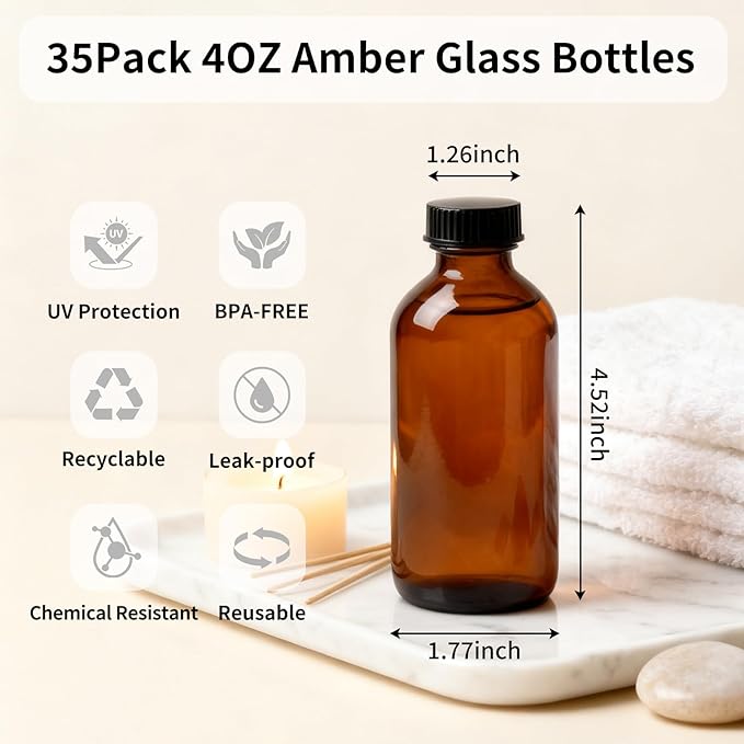 35 Pack 4 oz Amber Glass Boston Round Bottles with Phenolic Polycone Caps – Airtight, Leak-Proof Bottles for Vanilla Extract, Kombucha Brewing, Essential Oils, and Homemade Solutions