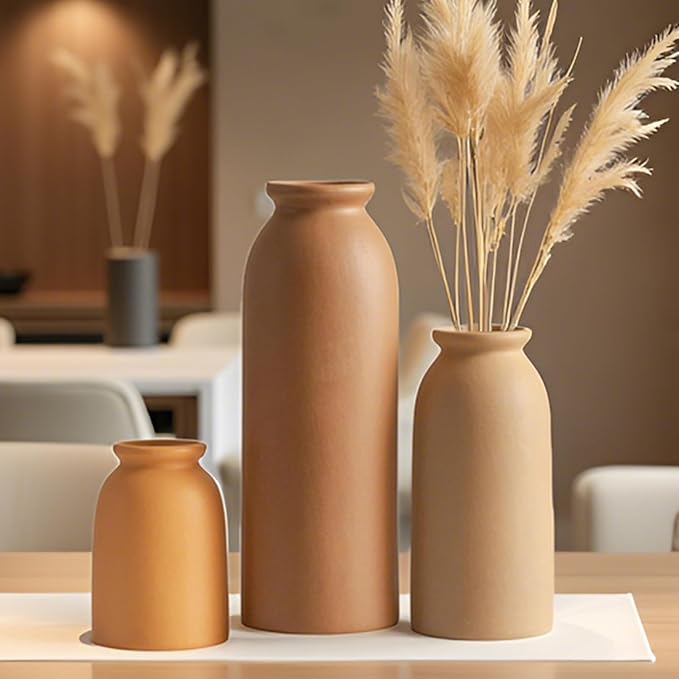 Ceramic Vase Set-3, Small Flower Vases for Decor, Modern Boho Farmhouse Style, Decorative Vases for Pampas Grass & Dried Flowers, Distressed Finish (Earth Tone)