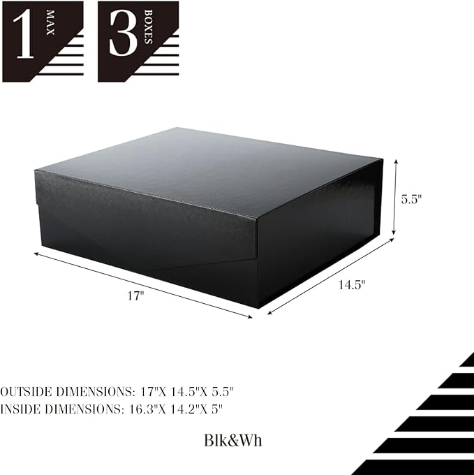 BLK&WH Extra Large Gift Box with Lid 16.3x14.2x5 Inches, Black Gift Box for Clothes and Large Gifts (Glossy Black with Grass Texture)