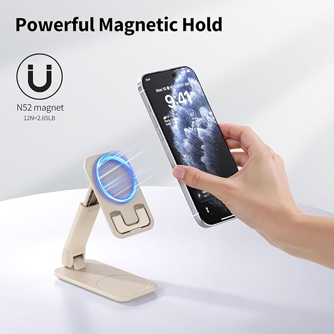 iWALK Magnetic Cell Phone Stand for Desk, Angle and Height Adjustable Mobile Phone Holder, Foldable Magnet Stand for iPhone 17 16 15 14 13 12 Pro Max and iPad, Cell Phone Holder, Light Brown