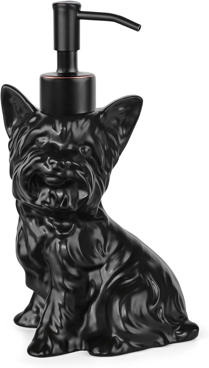 Yorkshire Terrier Shaped Soap/Lotion/Hand Sanitizer Dog Lover Stainless Steel Pump Dispenser for Dog Gifts, Refillable for Kitchen and Bathroom(Black)