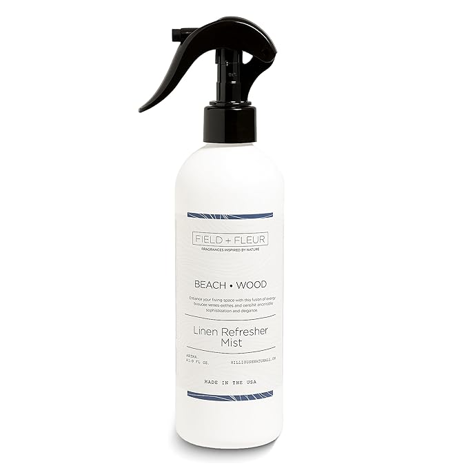 FIELD FLEUR Beachwood Linen & Room Spray 15.5 oz - Aromatic & Refreshing Bedding & Fabric Mist - Air Freshener for Clothes & Sofas - Notes of Peach, Orange Blossom, Moss & Sandalwood -Made in USA