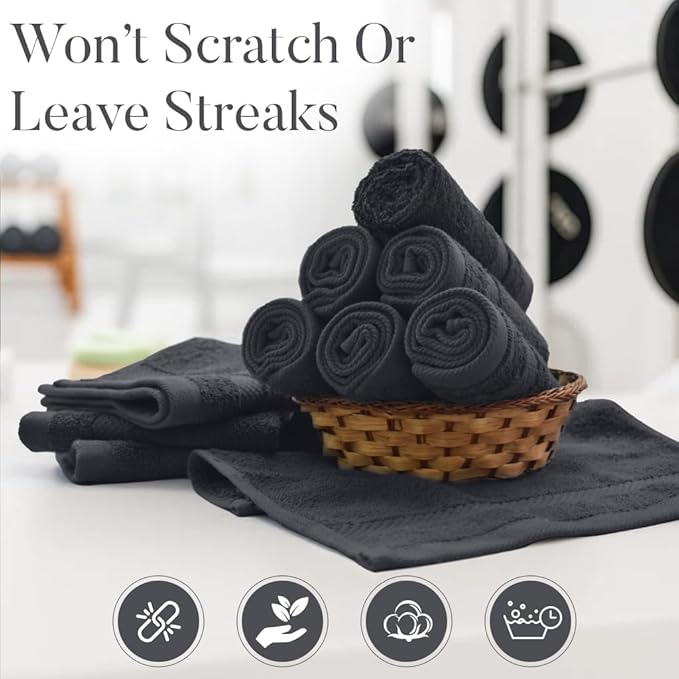 DAN RIVER 12-Pack Premium 100% Cotton Dark Gray Face Towels – Reusable Face Towel Set, Soft & Absorbent Small Wash Cloths for Bathroom & Body – Hand and Face Towels, 550 GSM (12x12 in)