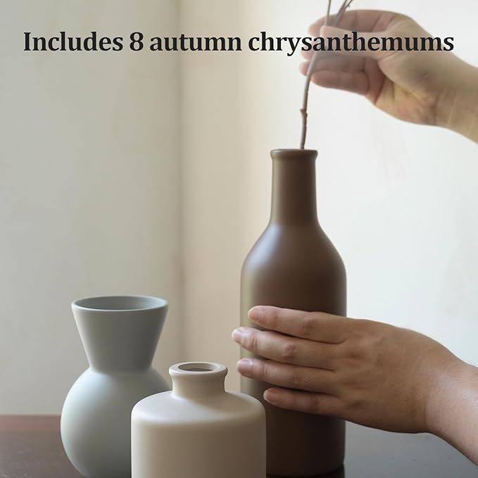 Fake Flowers in Vase for Centerpieces, Faux Flowers in Modern Ceramic Vase Set of 3 with 8 Artificial Autumn Chrysanthemums Artificial Decorative Swags