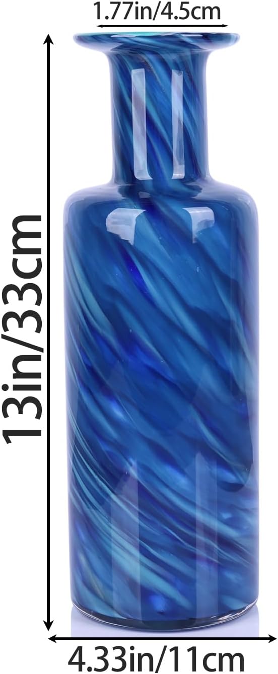 Blown Glass Cylindrical vase, Modern Art Glass Tall vase for Home Decoration Table Centerpiece, Wedding, Living Room Coffee Table, entryway Entry Table top, TV Cabinet Decoration and Ornament. (Blue)