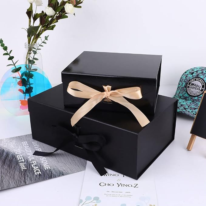 Extra Large Black Gift Box 19x16x6 Inches, Huge Gift Boxes with Ribbon, Large Gift Box with Lid Magnetic Closure, Groomsman Proposal Box for Wedding Dress (Glossy Black)