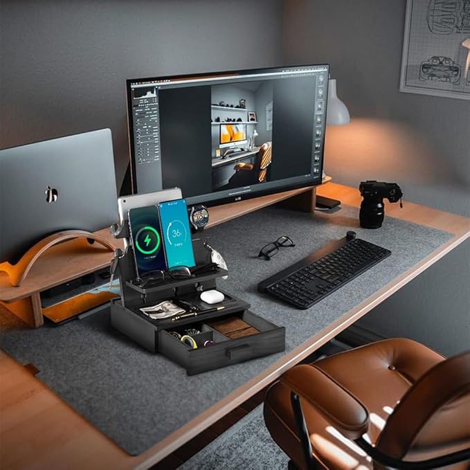 Black Wood Phone Docking Station for up to 3 Phones - Nightstand Organizer with Drawer for Valuables for Men & Women, Compatible With Apple Watch, Holds Phones, Tablets, Keys, Rings, Glasses, EDC