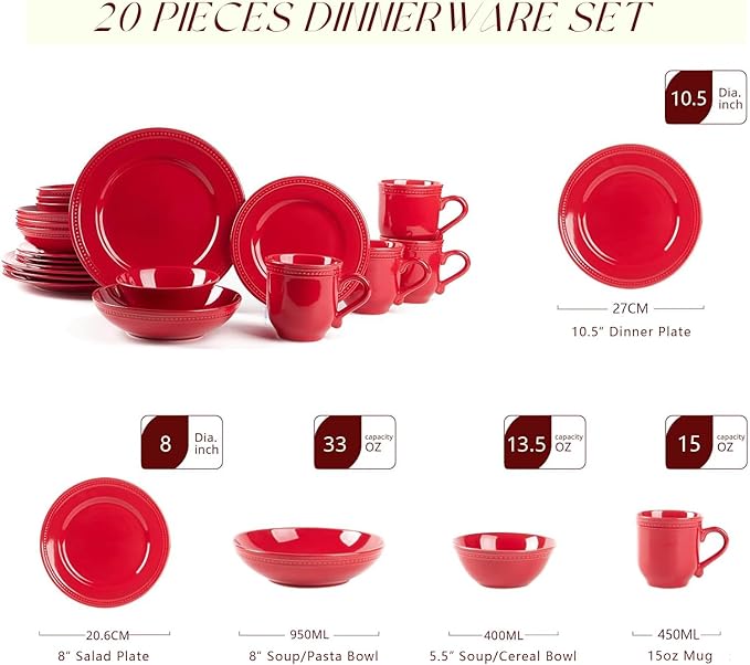 Pearl Dots Stoneware Dinnerware Set (20pc Set, Red)