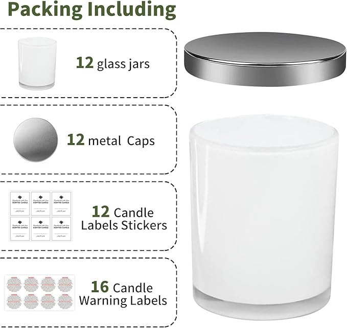 12 Pack 10oz Glass Candle Jars with Lids and Sticky Labels, Empty Candle Jars for Making Candles Bulk Containers(Inner White)