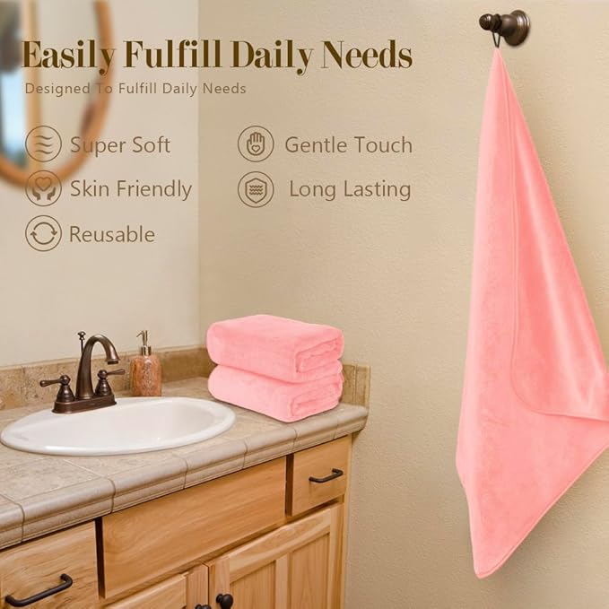 Orighty Microfiber Bath Towels Pack of 4(27'' x 54'') - Soft Feel, Highly Absorbent, Quick Drying for Body, Sport, Yoga, SPA, Fitness - Pink
