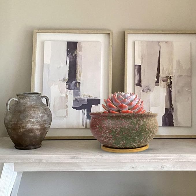 8 Inch Glazed Terracotta Plant Pot Round Ceramic Succulent Planter Pot with Drainage and Saucer Cactus Clay Pot Bonsai Pot (Pink and Green)