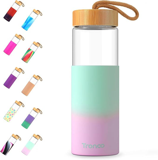 Tronco 24oz Glass Water Bottles with Bamboo Lid & Silicone Sleeve, Leak Proof, BPA Free, Reusable Borosilicate Glass Bottles for Juicing, Smoothies, Juice & Water, for Men & Women Gym, Office, Travel