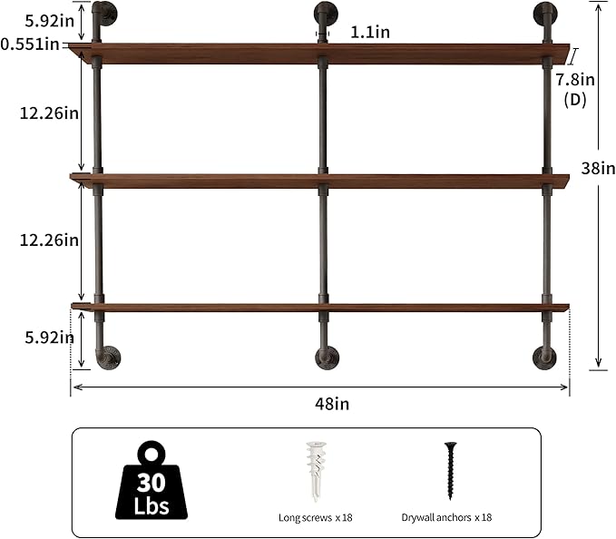 3-Tier Industrial Pipe Floating Shelf – Rustic 48 inch Wood Wall-Mounted Storage Shelf for Kitchen Office,Bathroom & Home Decor -Walnut
