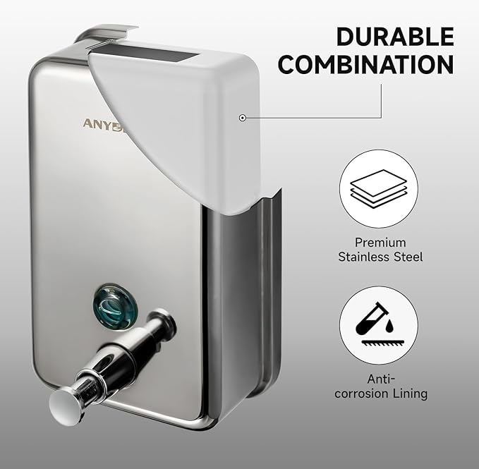 Commercial Soap Dispenser Wall Mount, Polished Stianless Steel Finish Manual Soap Dispenser - 37oz (1100ml) Model 1003