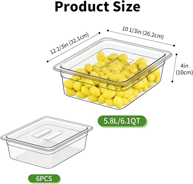 1/2 4'' 6 Pack Plastic Food Pans With Lids, Clear Food Pan, Commercial Stackable Polycarbonate Freezer-Safe for Fruits Vegetables Restaurant Kitchen