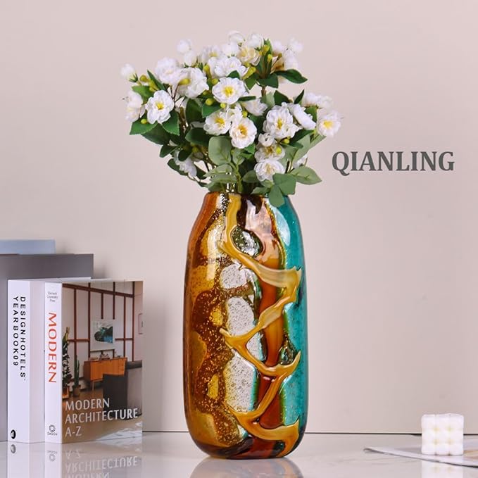 Handcrafted Glass Vase with Amber and Turquoise Colors - Artistic Decorative Flower Vase for Home Decor, Modern Art Piece for Living Room, Dining Table, and Office Desk (13.8 in)