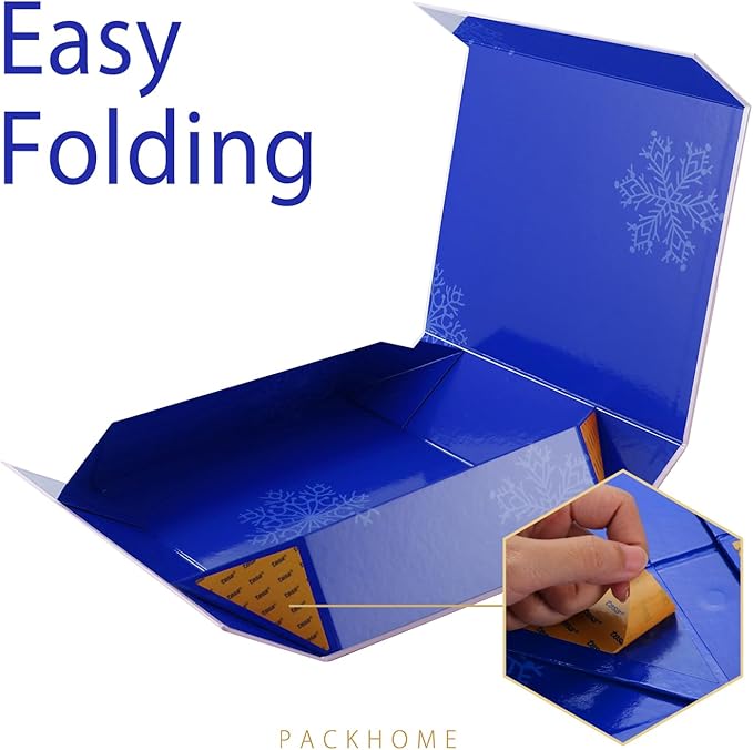 PACKHOME Christmas Gift Box 13x9.7x3.4 Inches, Large Gift Box with Lid, Sturdy Shirt Box with Magnetic Lid for Wrapping Gifts (Blue Snowflake Pattern)