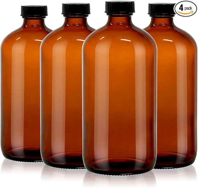 4 Pack 32 oz Amber Glass Boston Round Bottles with Phenolic Polycone Caps – Airtight, Leak-Proof Brown Bottles for Kombucha Brewing, Essential Oils, Storing Condiments, and Homemade Solutions