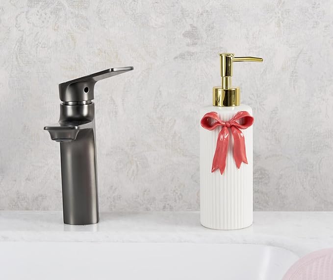 Handmade Ceramic Bow Soap Pump Dispenser Hand Lotion Liquid Dispenser Refillable for Kitchen and Bathroom Decorative (Ribbon Red)