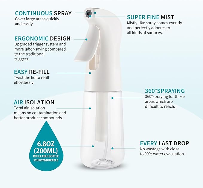 TANSHINE Continuous Spray Bottle for Hair 2 Pack,Fine Mist Water Hair Spray Bottles,Mister Spray Bottle,Refillable Plastic Sprayer for Hairstyling, Cleaning,Alcohol, Plants, Salons,6.8oz/200ml,Clear