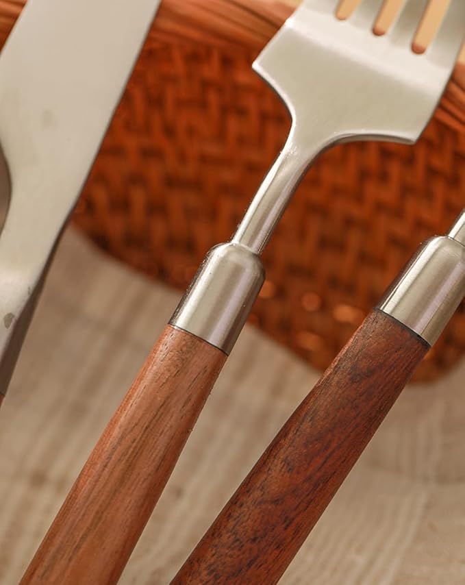 Wood Silverware Set for 8 Wooden Flatware Cutlery Utensils Set 18/10 Stainless Steel Walnut Handle 32 Piece Include Knives Forks and Spoons Tableware Set for Home Kitchen Wedding Restaurant