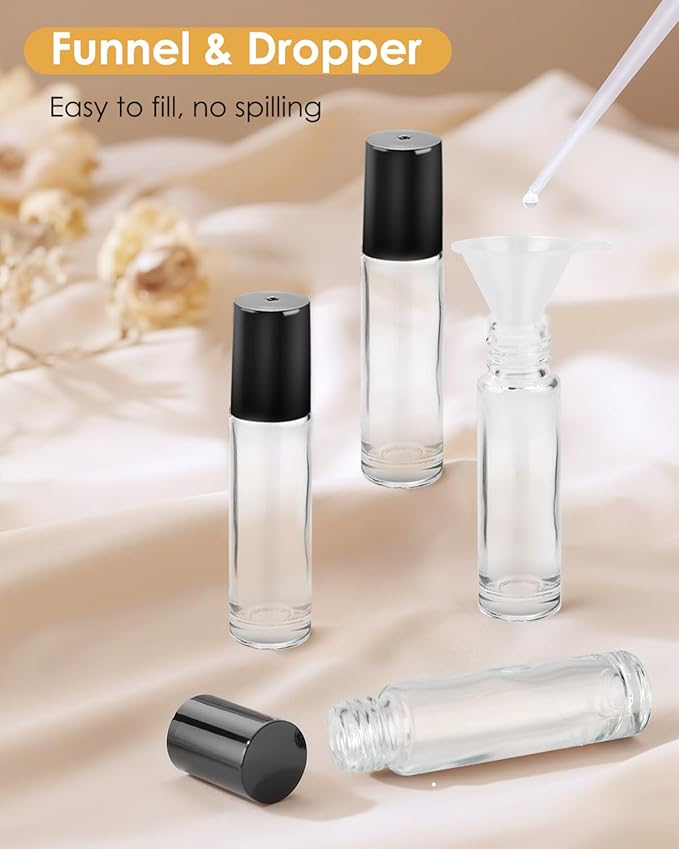 12 Pack Essential Oil Roller Bottles, 10ml Refillable Clear Glass Roller Bottles with Stainless Steel Roller Balls and Caps for Travel, Perfume and Lip Gloss