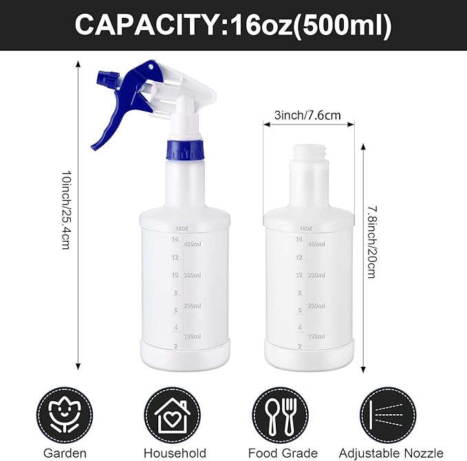 Eccliy 12 Pcs 16 Oz Plastic Spray Bottle, Adjustable Empty Reusable Sprayer for Cleaning, Planting, Water, Bathroom and Kitchen, BBQ, Commercial and Residential(Blue & White,Measurement)