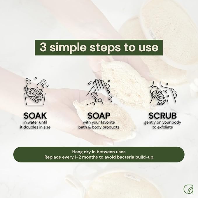 Chill Ah Green Glow All Natural Exfoliator Dual Sided Loofah Bath Sponge Set – 100% Plant-Based, dye-Free, Biodegradable, Scratch-Free, Handcrafted in Vietnam (2-Pack)