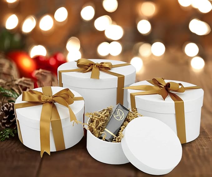 Bengnkes Round Gift Box White Gift Boxes with Lids for Presents 4 Packs Luxury Nesting Gift Boxes Small with 17ft Ribbon for Bridesmaid Valentines Mother's day Graduation