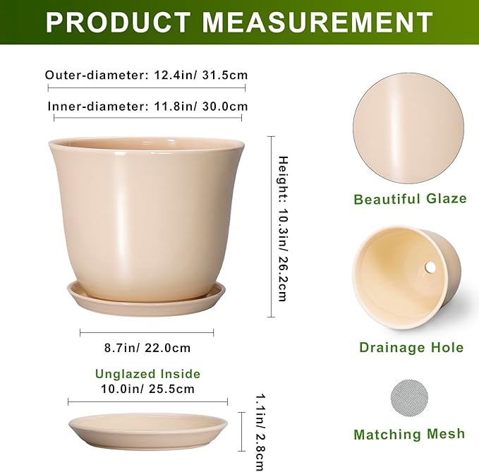 Ceramic Plant Pots - 12 Inch Plant Pot with Drainage Hole and Tray, Large Round Flower Pot for Indoor Outdoor, Modern Planter, Decorative Planters, Home Garden Decor, Beige