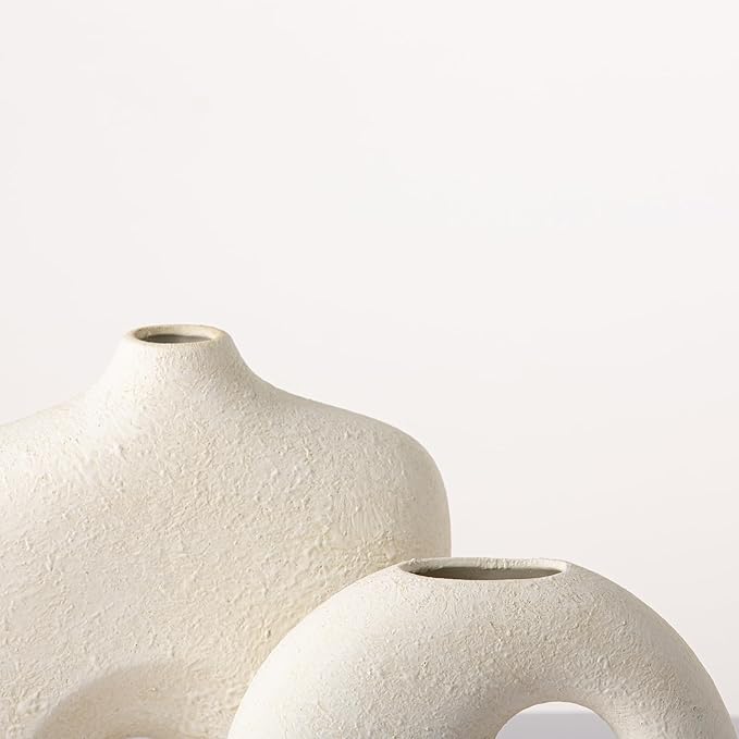 Ceramic Vase Set of 2, Modern Donut Vases for Minimalist Nordic Home Decor, Waterproof Round Vase, Decorative Centerpiece Vases for Living Room, Entryway, Bookshelf, Table Decor (Off White)