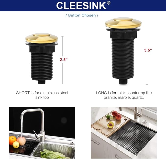 CLEESINK Garbage Disposal Switch, Cordless Air On Off Kit for Food Waste Disposer, Polished Gold, LONG 3.5" Sink Top Push Button