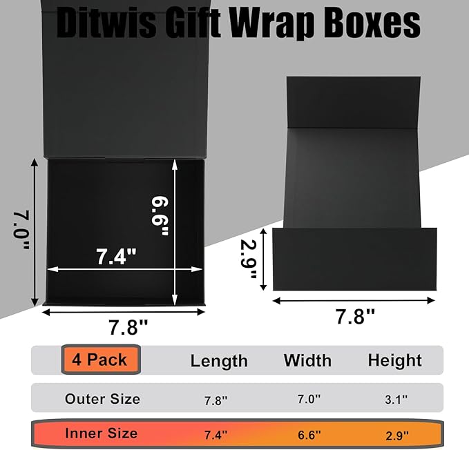 Ditwis 4 Pack 7.8x7x3.1 Inches Gift Boxes with Magnetic Closure Lids, Black Magnetic Box for Wedding, Groomsmen Bridesmaid Proposal, Birthdays, Mother's Day